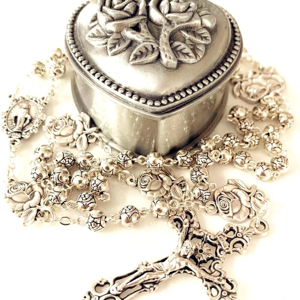 Handmade Silver Rose Beads Catholic Rosary 5 Decades Cross Gift Box Italy